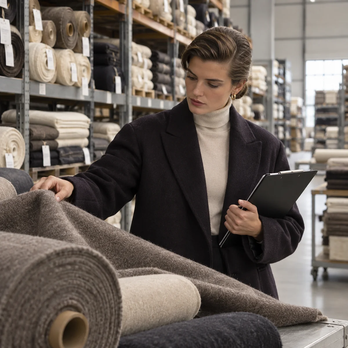 Illustration d’un examen de textile dans un environnement de stockage.
